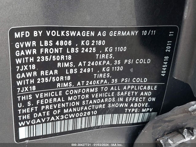 2012 VOLKSWAGEN TIGUAN SE VIN: WVGAV7AX3CW002610