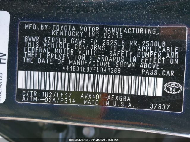 4T1BD1EB7FU041266 Toyota Avalon Hybrid Xle Premium