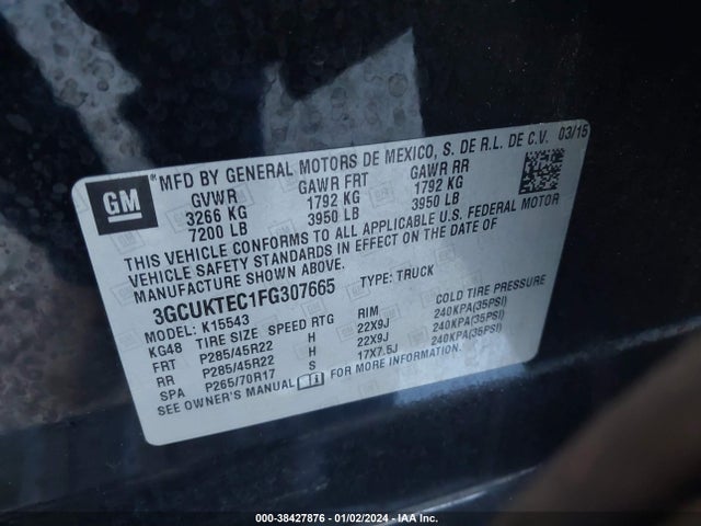 2015 CHEVROLET SILVERADO 1500 HIGH COUNTRY VIN: 3GCUKTEC1FG307665