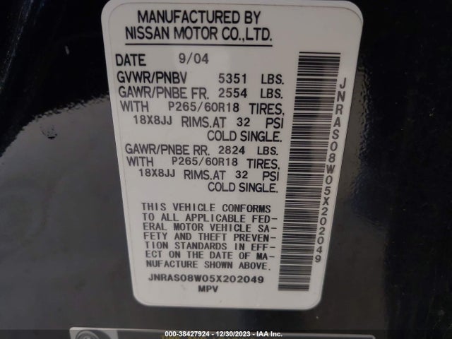 2005 INFINITI FX35 VIN: JNRAS08W05X202049