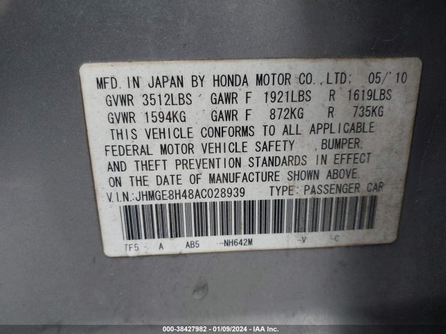 2010 HONDA FIT SPORT VIN: JHMGE8H48AC028939