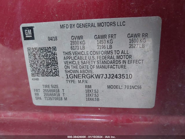 Chevrolet Traverse 1lt 2018 1GNERGKW7JJ243510 Image 9