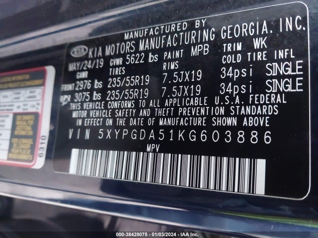 KIA Sorento 3.3l S 2019 5XYPGDA51KG603886 Image 9