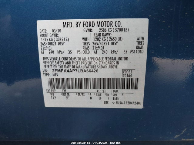 Ford EDGE ST 2020 2FMPK4AP7LBA66426 Image 9