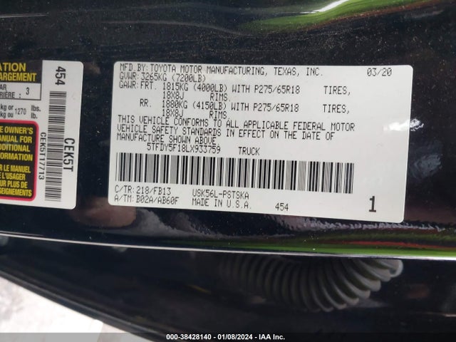 Toyota Tundra Sr5 2020 5TFDY5F18LX933759 Image 9