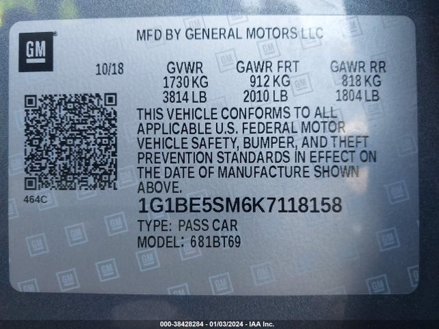 Chevrolet CRUZE LT 2019 1G1BE5SM6K7118158 Image 9