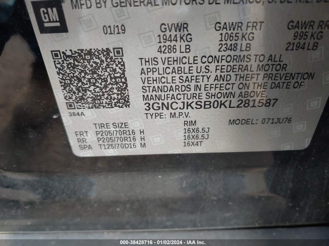Chevrolet TRAX LS 2019 3GNCJKSB0KL281587 Image 9