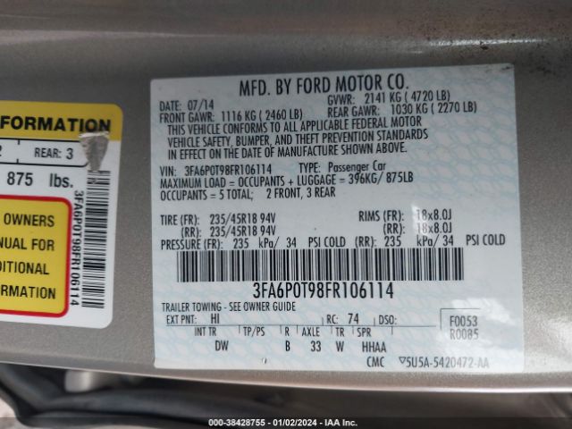 Auction sale of the 2015 Ford Fusion Se , vin: 3FA6P0T98FR106114, lot number: 438428755