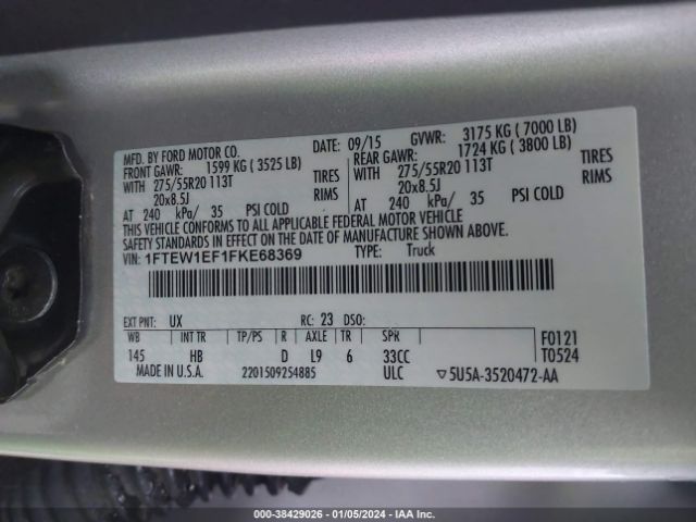 1FTEW1EF1FKE68369 Ford F-150 Lariat