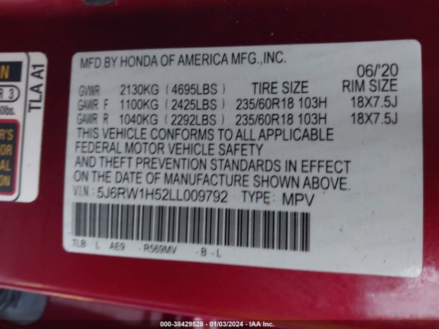 5J6RW1H52LL009792 Honda Cr-v 2wd Ex