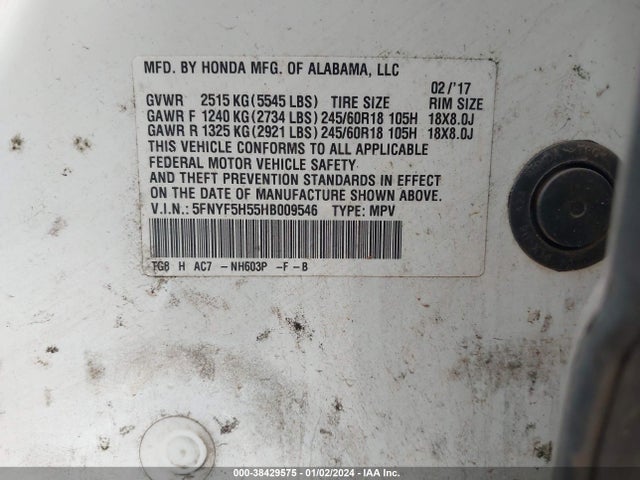 Honda Pilot Ex-l 2017 5FNYF5H55HB009546 Image 9