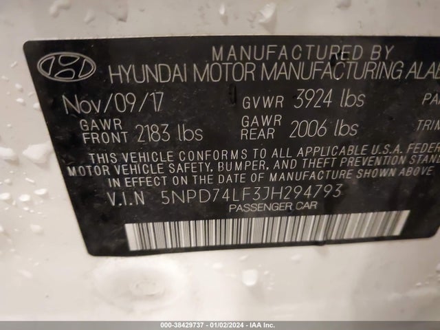 2018 HYUNDAI ELANTRA SE VIN: 5NPD74LF3JH294793