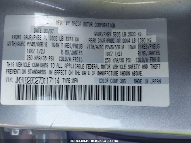 2007 MAZDA CX-9 SPORT VIN: JM3TB28C270117114