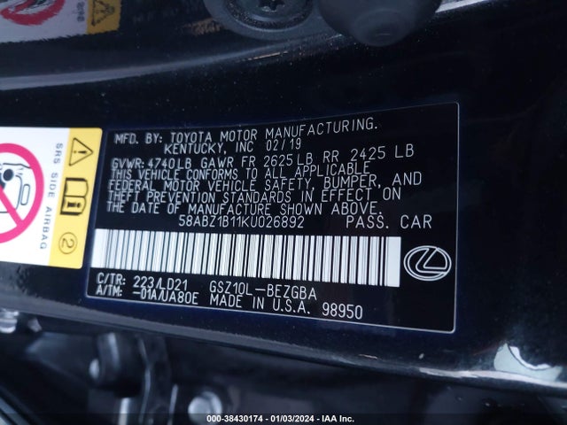 2019 LEXUS ES 350 VIN: 58ABZ1B11KU026892