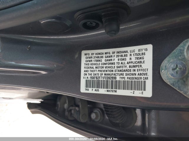Honda CIVIC SE 2015 19XFB2F71FE092899 Image 9