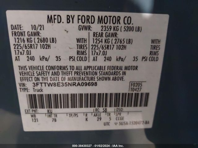 3FTTW8E35NRA09698 Ford Maverick Xlt
