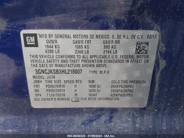 Chevrolet TRAX LS 2017 3GNCJKSB3HL218007 Image 9