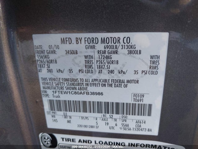2010 FORD F-150 XL/XLT VIN: 1FTEW1C80AFB38986