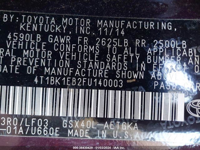 Toyota Avalon Xle Premium 2015 4T1BK1EB2FU140003 Image 9