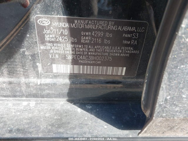 2011 HYUNDAI SONATA LIMITED VIN: 5NPEC4AC3BH002375