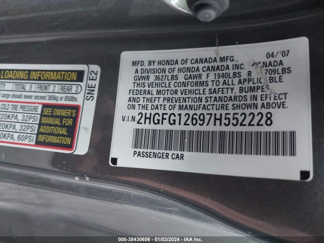 2007 HONDA CIVIC LX VIN: 2HGFG12697H552228
