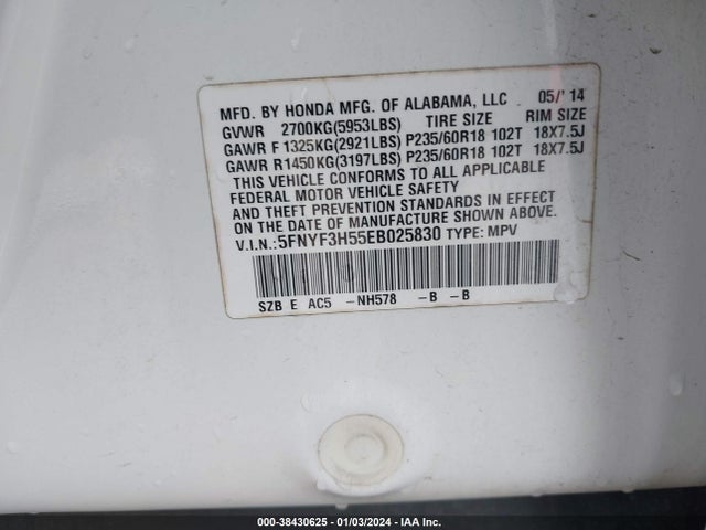 Honda Pilot Ex-l 2014 5FNYF3H55EB025830 Image 9