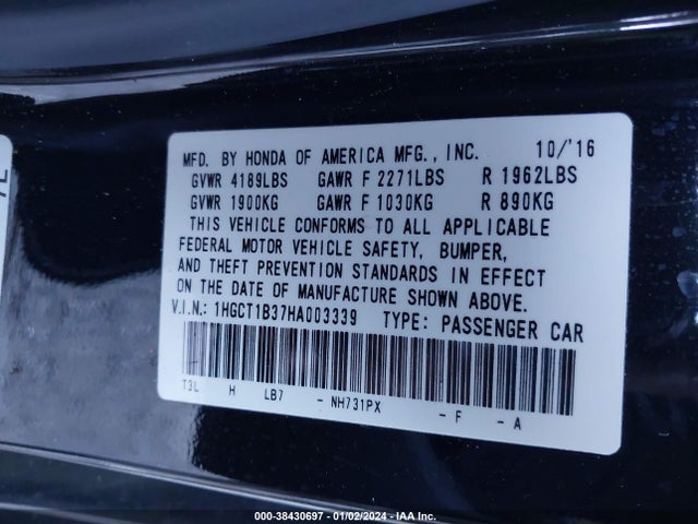 Honda Accord Lx-s 2017 1HGCT1B37HA003339 Image 9