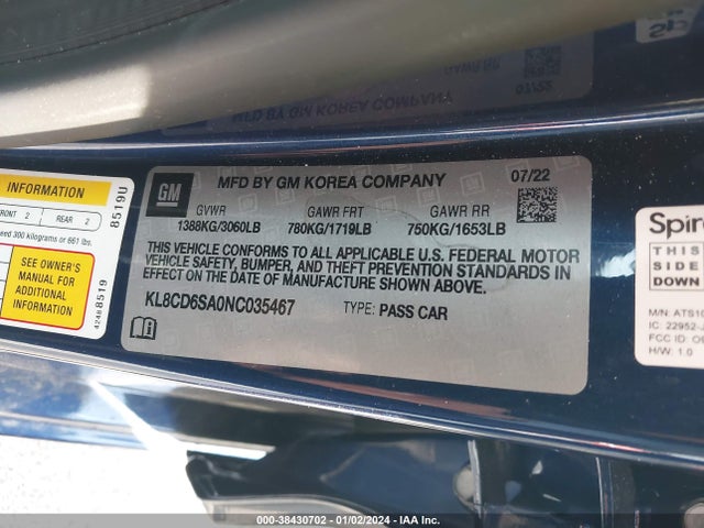 Chevrolet Spark Fwd 1lt Automatic 2022 KL8CD6SA0NC035467 Image 9