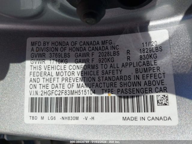 2HGFC2F83MH515104 Honda Civic Sport