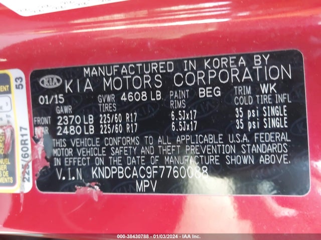 KIA Sportage Lx 2015 KNDPBCAC9F7760088 Image 9
