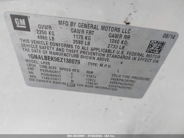 Chevrolet EQUINOX 1LT 2014 1GNALBEK9EZ138079 Image 9