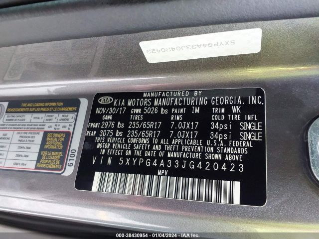 5XYPG4A33JG420423 KIA Sorento 2.4l Lx