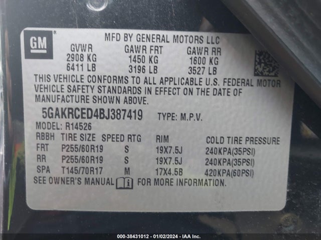 2011 BUICK ENCLAVE 2XL VIN: 5GAKRCED4BJ387419