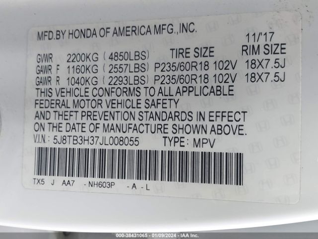 5J8TB3H37JL008055 Acura Rdx Acurawatch Plus Package