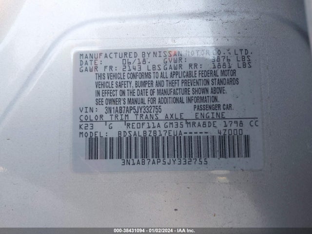 Nissan SENTRA S 2018 3N1AB7AP5JY332755 Image 9