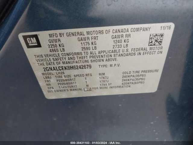 2GNALCEK8H6242679 Chevrolet EQUINOX LT