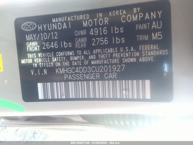 2012 HYUNDAI GENESIS 3.8 VIN: KMHGC4DD3CU201927