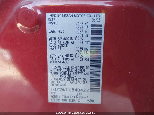 Nissan Rogue Sl 2015 5N1AT2MV7FC840423 Image 9