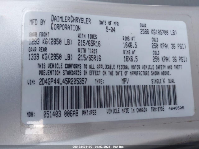 2005 DODGE GRAND CARAVAN SXT VIN: 2D4GP44L45R205357