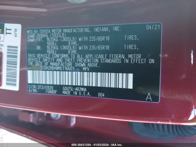 Toyota Highlander Xle 2021 5TDHZRBH8MS116601 Image 9