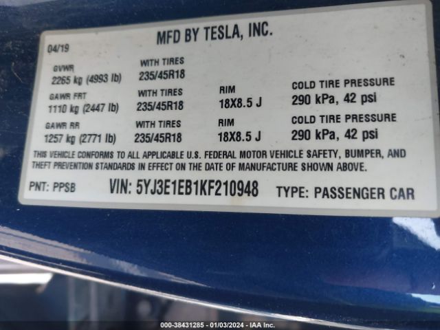 5YJ3E1EB1KF210948 Tesla Model 3 Long Range/performance