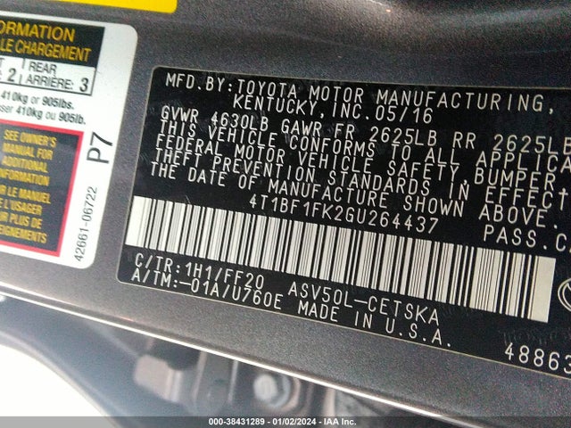 2016 TOYOTA CAMRY SE VIN: 4T1BF1FK2GU264437