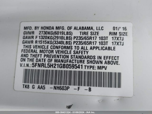 5FNRL5H21GB059541 Honda ODYSSEY LX