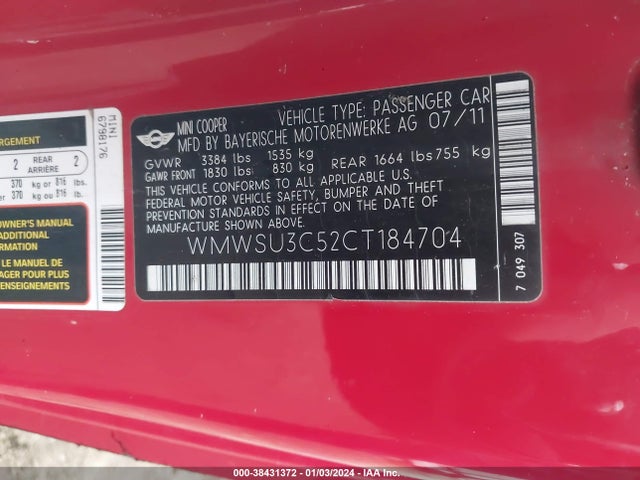 2012 MINI COOPER WMWSU3C52CT184704 Photo 8