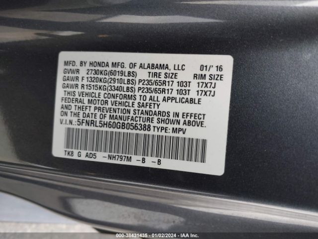 5FNRL5H60GB056388 Honda Odyssey Ex-l