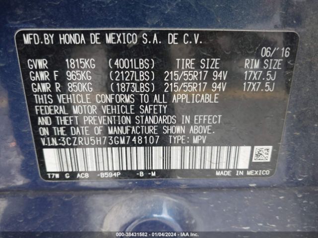3CZRU5H73GM748107 Honda Hr-v Ex-l