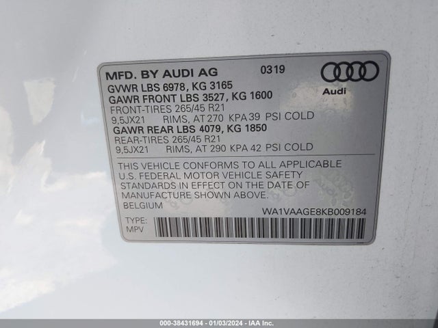 WA1VAAGE8KB009184 Audi E-tron Premium Plus