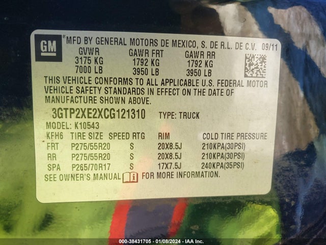 38431705 :رقم المزاد ، 3GTP2XE2XCG121310 vin ، 2012 Gmc Sierra 1500 Denali مزاد بيع