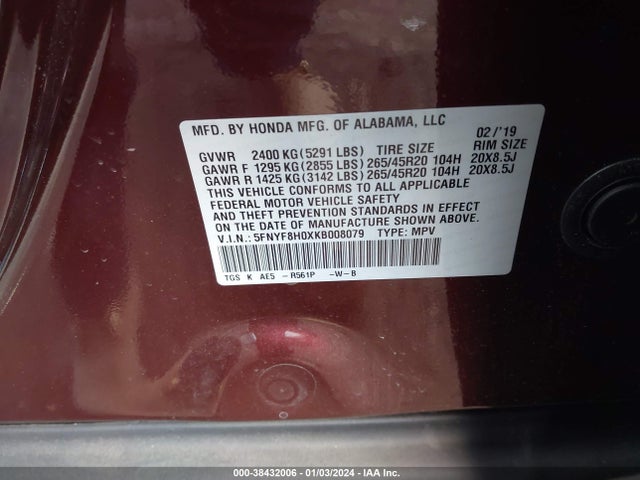 Honda Passport Elite 2019 5FNYF8H0XKB008079 Image 9