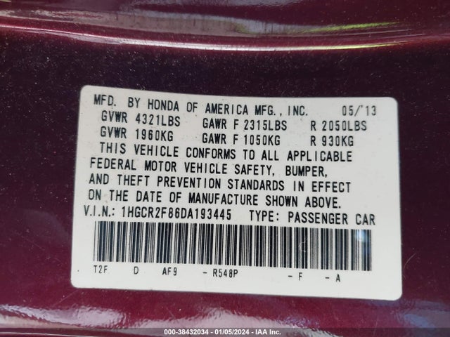 2013 HONDA ACCORD EX-L VIN: 1HGCR2F86DA193445